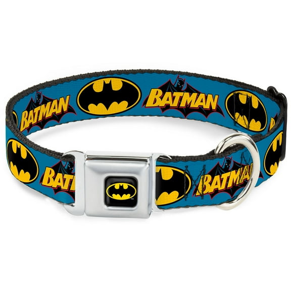DC Comics Pet Collar, Dog Collar Metal Seatbelt Buckle, Vintage Batman Logo Bat Signal Blue, 9.5 to 13 Inches 1.0 Inch Wide