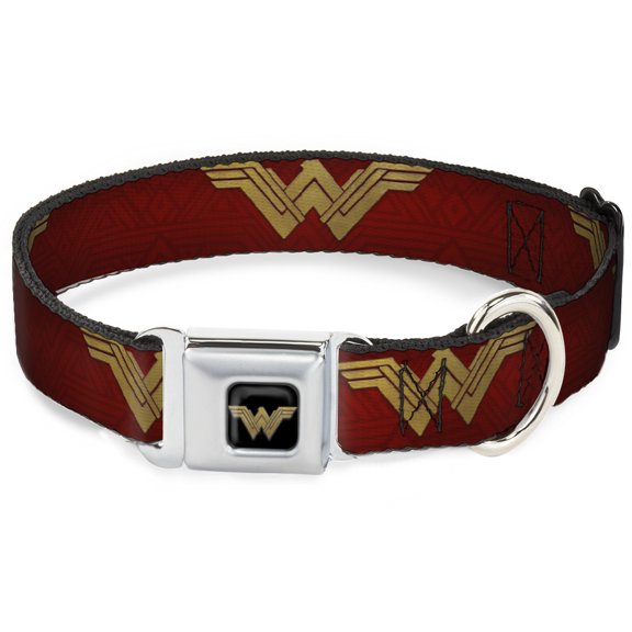 DC Comics Pet Collar, Dog Collar Metal Seatbelt Buckle, Wonder Woman 2017 Icon Reds Golds, 9.5 to 13 Inches 1.0 Inch Wide