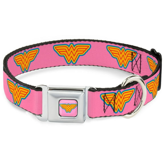 DC Comics Pet Collar, Dog Collar Metal Seatbelt Buckle, Wonder Woman Logo Pink Blue Yellow Pink, 20 to 31 Inches 1.5 Inch Wide