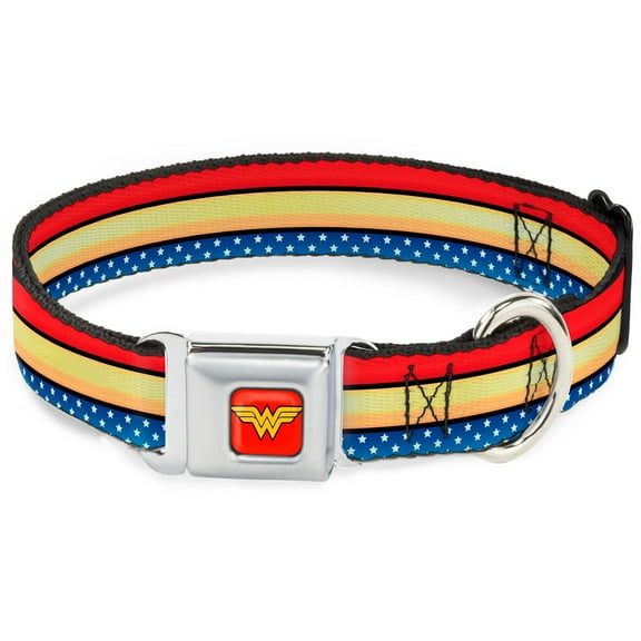 DC Comics Pet Collar, Dog Collar Metal Seatbelt Buckle, Wonder Woman Stripe Stars Red Gold Blue White, 16 to 23 Inches 1.5 Inch Wide