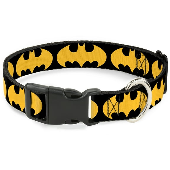 DC Comics Pet Collar, Dog Collar Plastic Buckle, Bat Signal Black Yellow, 9.5 to 14.5 Inches 0.5 Inch Wide
