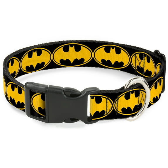 DC Comics Pet Collar, Dog Collar Plastic Buckle, Bat Signal Black Yellow Black, 9.5 to 14.5 Inches 0.5 Inch Wide