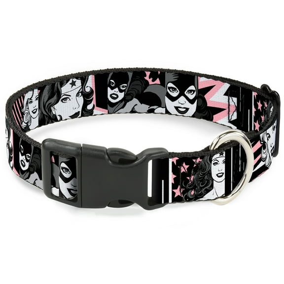 DC Comics Pet Collar, Dog Collar Plastic Buckle, Batgirl Wonder Woman Supergirl Retro Panels Black Pink White, 7 to 8.5 Inches 0.5 Inch Wide