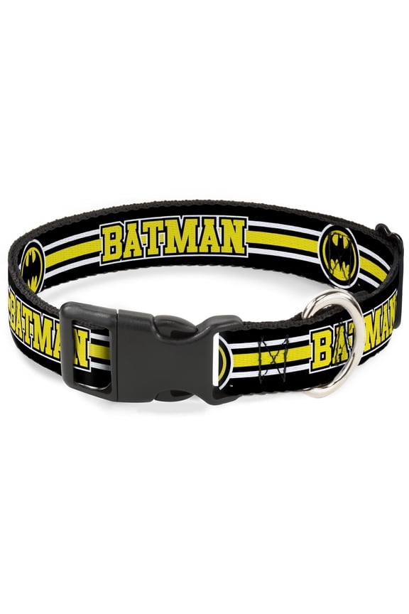 DC Comics Pet Collar, Dog Collar Plastic Buckle, Batman Bat Signal Triple Stripe Black White Yellow, 15 to 24 Inches 1.0 Inch Wide