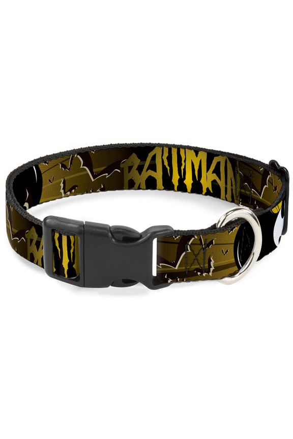 DC Comics Pet Collar, Dog Collar Plastic Buckle, Batman Bat Signals Flying Bats Yellow Black White, 20 to 31 Inches 1.5 Inch Wide