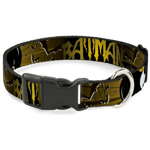 DC Comics Pet Collar, Dog Collar Plastic Buckle, Batman Bat Signals Flying Bats Yellow Black White, 9.5 to 14.5 Inches 0.5 Inch Wide