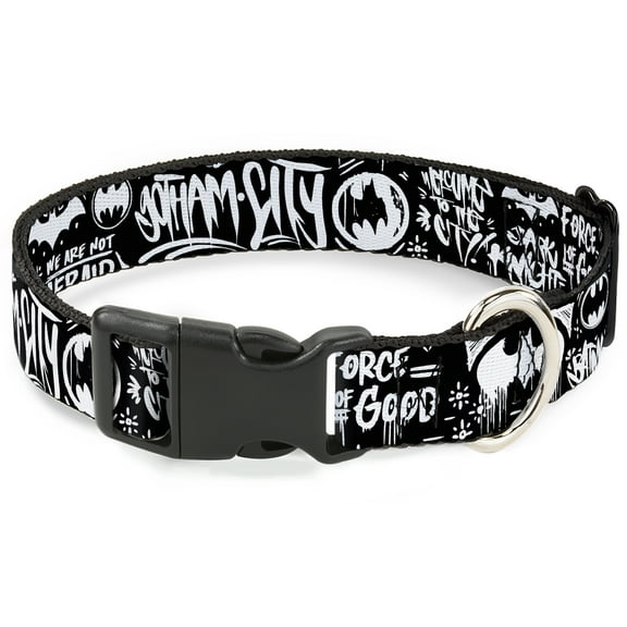 DC Comics Pet Collar, Dog Collar Plastic Buckle, Batman Gotham City Graffiti Collage Black White, 7 to 8.5 Inches 0.5 Inch Wide