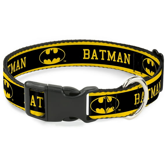 DC Comics Pet Collar, Dog Collar Plastic Buckle, Batman Logo Stripe Yellow Black, 20 to 31 Inches 1.5 Inch Wide