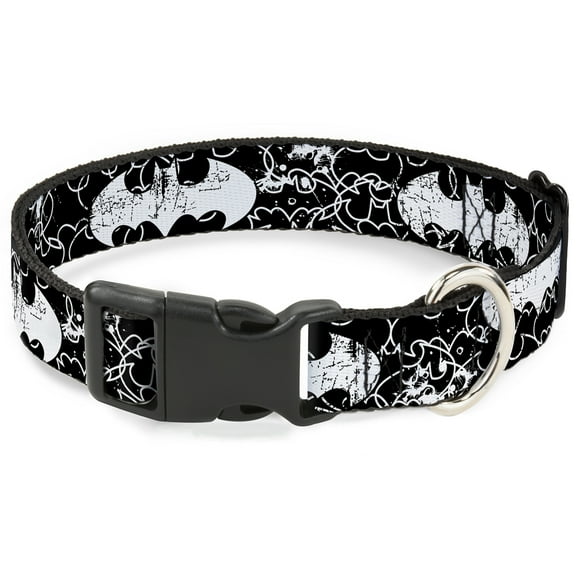 DC Comics Pet Collar, Dog Collar Plastic Buckle, Batman Outlines Black White, 15 to 24 Inches 1.0 Inch Wide