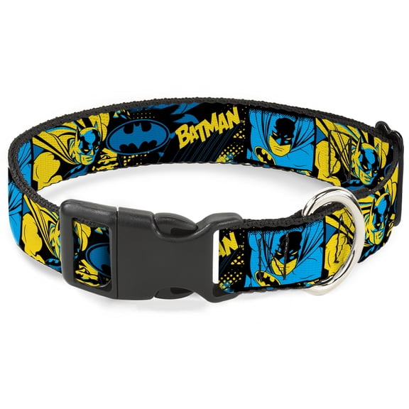 DC Comics Pet Collar, Dog Collar Plastic Buckle, Batman Poses and Logo Collage Black Blue Yellow, 9.5 to 14.5 Inches 0.5 Inch Wide