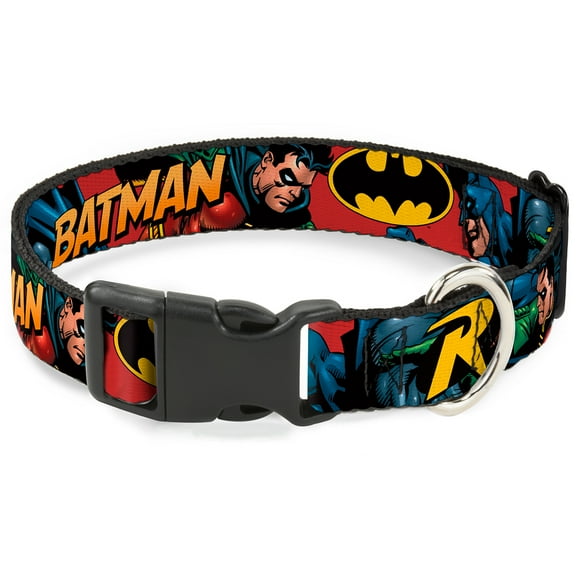 DC Comics Pet Collar, Dog Collar Plastic Buckle, Batman Robin In Action Text Burgundy, 15 to 24 Inches 1.0 Inch Wide