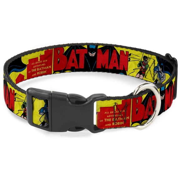 DC Comics Pet Collar, Dog Collar Plastic Buckle, Classic Batman Issue 1 Robin Batman Cover Pose Yellow Red, 15 to 24 Inches 1.0 Inch Wide