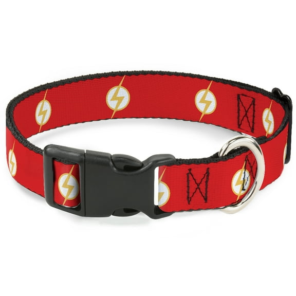 DC Comics Pet Collar, Dog Collar Plastic Buckle, DC League of Super Pets Flash Bolt Logo Red Yellow White, 7 to 8.5 Inches 0.5 Inch Wide