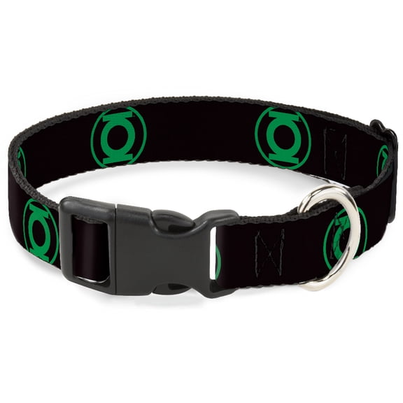 DC Comics Pet Collar, Dog Collar Plastic Buckle, DC League of Super Pets Green Lantern Logo Black Green, 7 to 8.5 Inches 0.5 Inch Wide