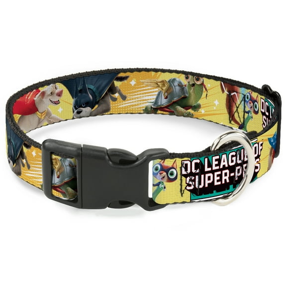 DC Comics Pet Collar, Dog Collar Plastic Buckle, DC League of Super Pets Superhero Pet Poses Collage Yellow, 20 to 31 Inches 1.5 Inch Wide