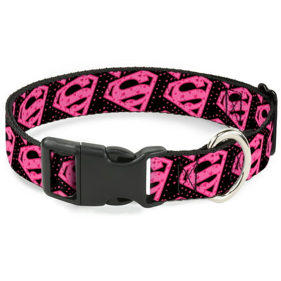 DC Comics Pet Collar, Dog Collar Plastic Buckle, Diagonal Superman Logo Hearts Black Pink, 15 to 24 Inches 1.0 Inch Wide