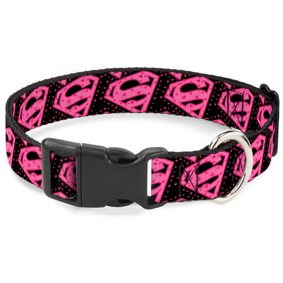 DC Comics Pet Collar, Dog Collar Plastic Buckle, Diagonal Superman Logo Hearts Black Pink, 20 to 31 Inches 1.5 Inch Wide