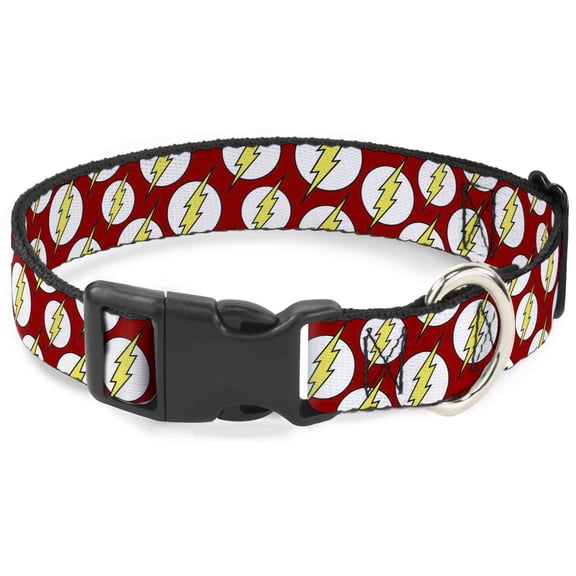 DC Comics Pet Collar, Dog Collar Plastic Buckle, Flash Logo Scattered Red White Yellow, 15 to 24 Inches 1.0 Inch Wide