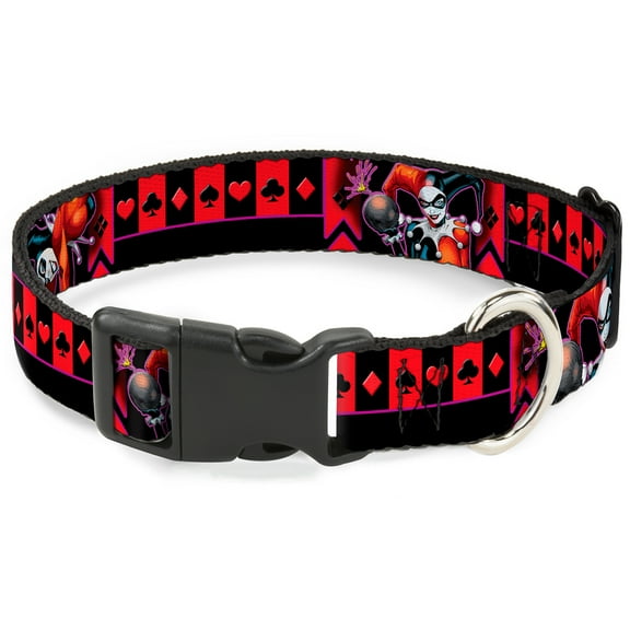 DC Comics Pet Collar, Dog Collar Plastic Buckle, Harley Quinn Bomb Poses Suits Black Purple Red, 13 to 17 Inches 1.5 Inch Wide