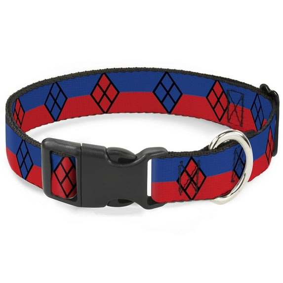 DC Comics Pet Collar, Dog Collar Plastic Buckle, Harley Quinn Diamond Stripe Red Blue, 15 to 24 Inches 1.0 Inch Wide