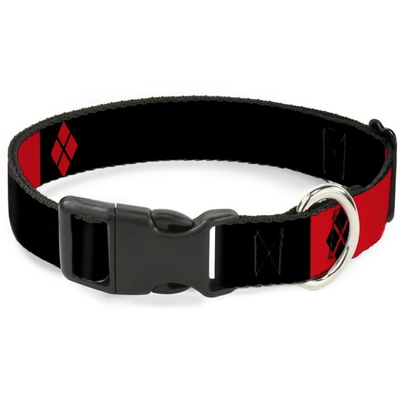 DC Comics Pet Collar, Dog Collar Plastic Buckle, Harley Quinn Diamonds Black Red White, 7 to 8.5 Inches 0.5 Inch Wide