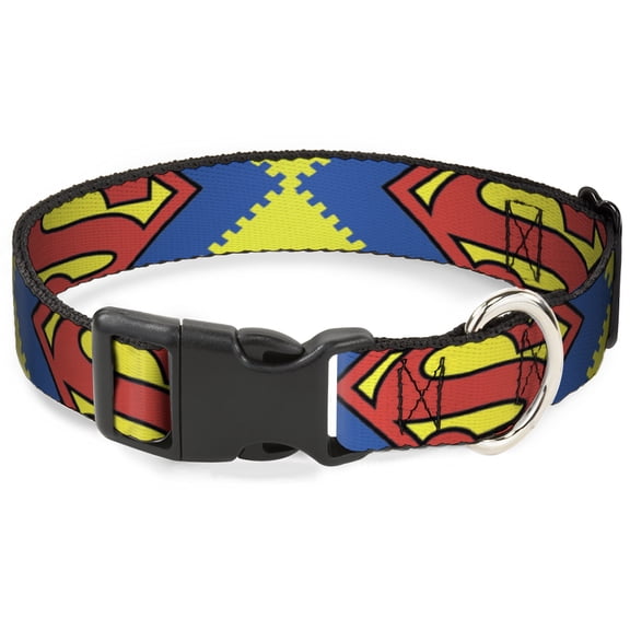 DC Comics Pet Collar, Dog Collar Plastic Buckle, Jagged Superman Shield Close Up Yellow Blue Red, 15 to 24 Inches 1.0 Inch Wide