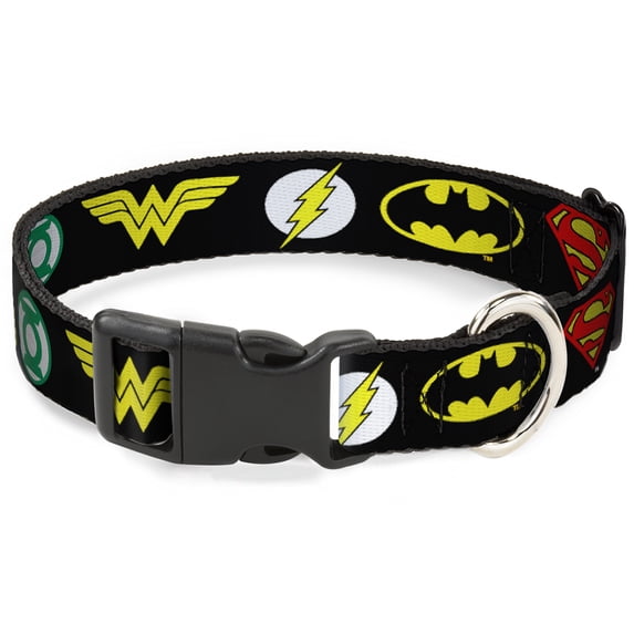 DC Comics Pet Collar, Dog Collar Plastic Buckle, Justice League 6 Superhero Logos Black, 16 to 23 Inches 1.5 Inch Wide
