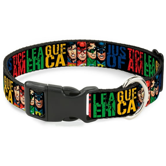 DC Comics Pet Collar, Dog Collar Plastic Buckle, Justice League of America Superhero Blocks Black Multi Color, 20 to 31 Inches 1.5 Inch Wide