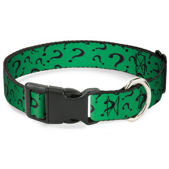 DC Comics Pet Collar, Dog Collar Plastic Buckle, Question Mark Scattered Dark Green Black, 7 to 8.5 Inches 0.5 Inch Wide