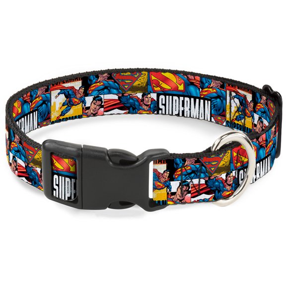 DC Comics Pet Collar, Dog Collar Plastic Buckle, Superman Action Blocks White, 11 to 16.5 Inches 1.0 Inch Wide