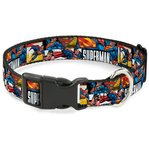 DC Comics Pet Collar, Dog Collar Plastic Buckle, Superman Action Blocks White, 9.5 to 13 Inches 1.0 Inch Wide