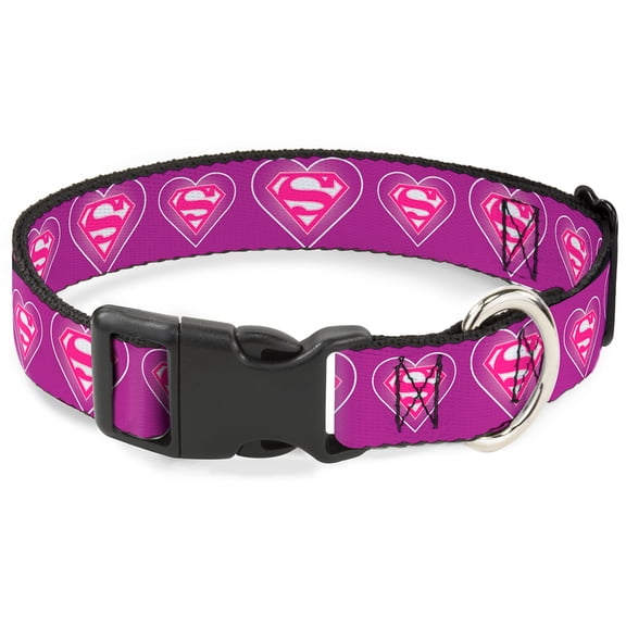 DC Comics Pet Collar, Dog Collar Plastic Buckle, Superman Logo In Heart Purple White Pink, 11 to 16.5 Inches 1.0 Inch Wide