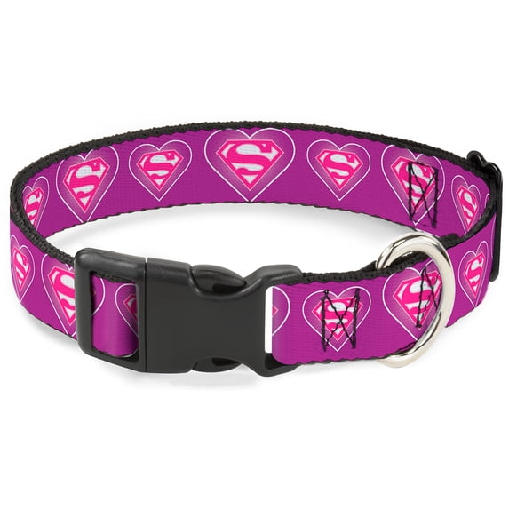 DC Comics Pet Collar, Dog Collar Plastic Buckle, Superman Logo In Heart Purple White Pink, 9.5 to 13 Inches 1.0 Inch Wide