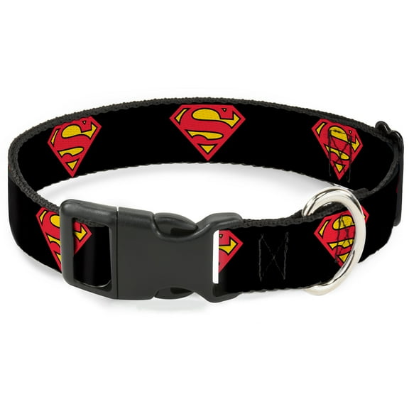 DC Comics Pet Collar, Dog Collar Plastic Buckle, Superman Shield Black, 8.5 to 12 Inches 0.5 Inch Wide