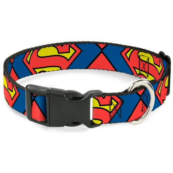 DC Comics Pet Collar, Dog Collar Plastic Buckle, Superman Shield Close Up Blue Red Yellow, 13 to 17 Inches 1.5 Inch Wide
