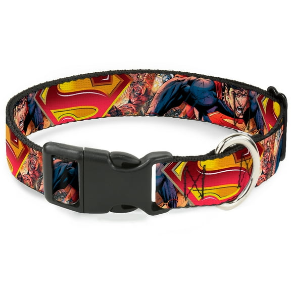 DC Comics Pet Collar, Dog Collar Plastic Buckle, Superman Unchained Explosion Action Pose Wraith Shield Golds, 9.5 to 13 Inches 1.0 Inch Wide