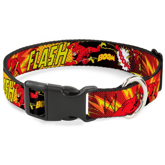 DC Comics Pet Collar, Dog Collar Plastic Buckle, The Flash Boom Kaboom, 15 to 24 Inches 1.0 Inch Wide