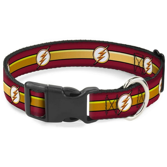 DC Comics Pet Collar, Dog Collar Plastic Buckle, The Flash Logo11 Stripe Burgundy Black Gold White, 7 to 8.5 Inches 0.5 Inch Wide