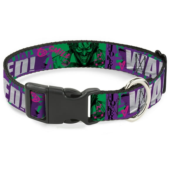DC Comics Pet Collar, Dog Collar Plastic Buckle, The Joker Wanted Smiling Pose and Graffiti Purples Greens, 7 to 8.5 Inches 0.5 Inch Wide