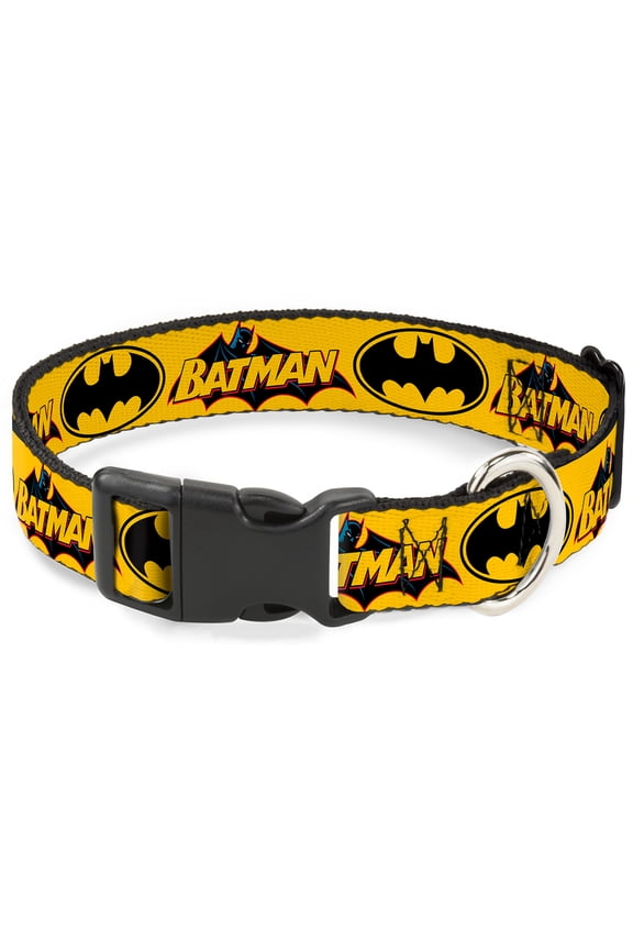 DC Comics Pet Collar, Dog Collar Plastic Buckle, Vintage Batman Logo Bat Signal Yellow, 15 to 24 Inches 1.0 Inch Wide