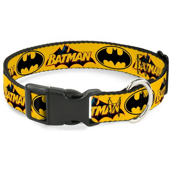 DC Comics Pet Collar, Dog Collar Plastic Buckle, Vintage Batman Logo Bat Signal Yellow, 20 to 31 Inches 1.5 Inch Wide