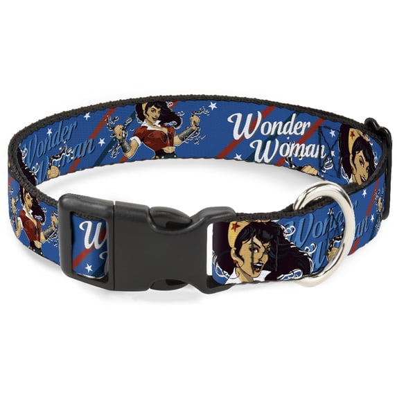 DC Comics Pet Collar, Dog Collar Plastic Buckle, Wonder Woman Bombshell Pose Blue Red White, 16 to 23 Inches 1.5 Inch Wide