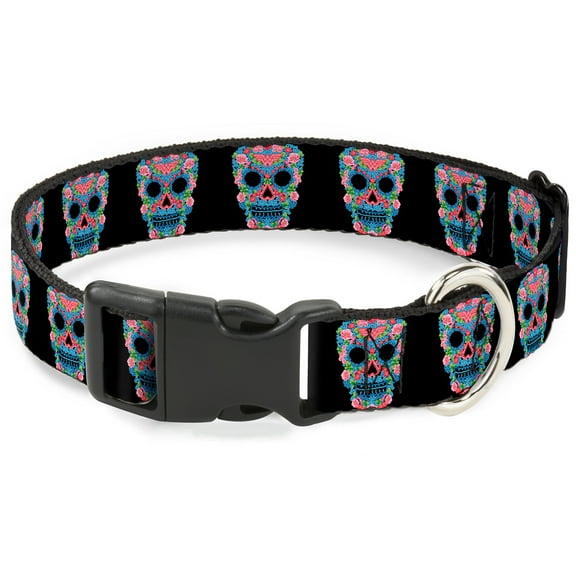 DC Comics Pet Collar, Dog Collar Plastic Buckle, Wonder Woman Floral Skull Black Multi Pastel, 7 to 8.5 Inches 0.5 Inch Wide