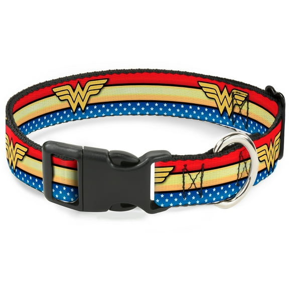 DC Comics Pet Collar, Dog Collar Plastic Buckle, Wonder Woman Logo Stripe Stars Red Gold Blue White, 9.5 to 14.5 Inches 0.5 Inch Wide
