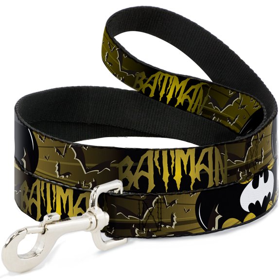 DC Comics Pet Leash, Dog Leash, Batman Bat Signals Flying Bats Yellow Black White, 4 Feet Long 1.0 Inch Wide