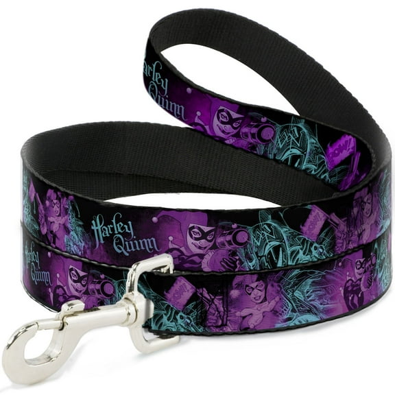 DC Comics Pet Leash, Dog Leash, Harley Quinn Pow Aiming Poses Joker Black Turquoise Fuchsia, 4 Feet Long 1.0 Inch Wide