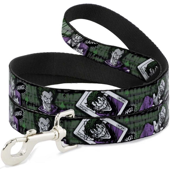 DC Comics Pet Leash, Dog Leash, Joker Poses Joker Card Haha Smile Bang Gray Green Purple, 6 Feet Long 0.5 Inch Wide