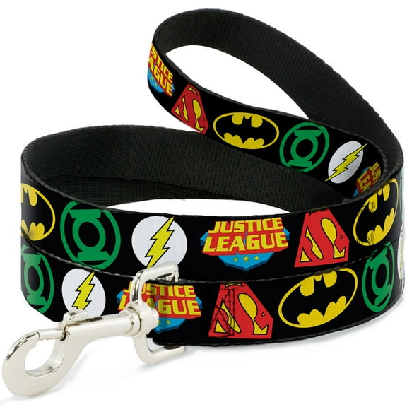 DC Comics Pet Leash, Dog Leash, Justice League Superhero Logos Close Up Black, 4 Feet Long 1.0 Inch Wide
