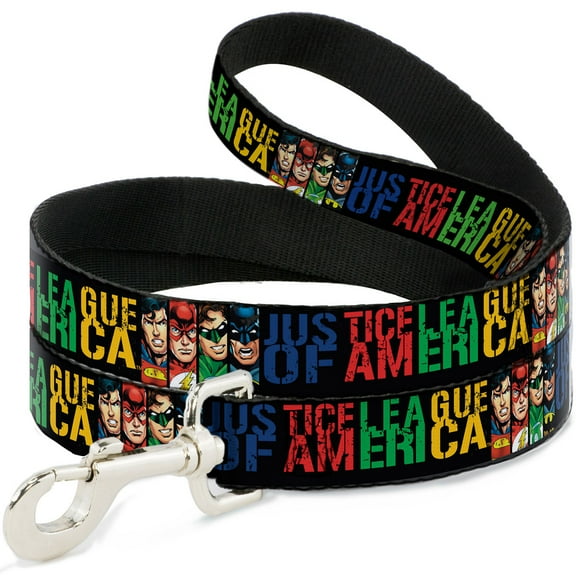 DC Comics Pet Leash, Dog Leash, Justice League of America Superhero Blocks Black Multi Color, 6 Feet Long 1.0 Inch Wide