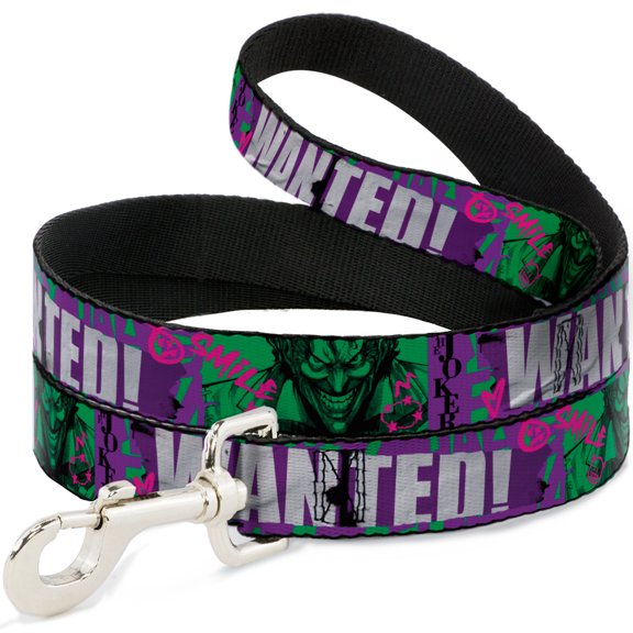 DC Comics Pet Leash, Dog Leash, The Joker Wanted Smiling Pose and Graffiti Purples Greens, 4 Feet Long 1.0 Inch Wide